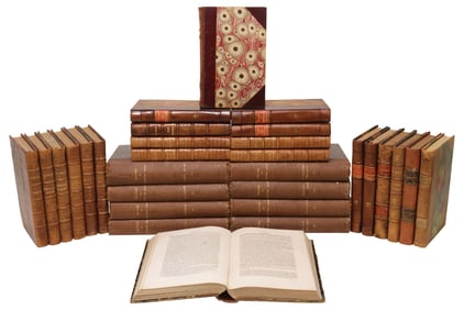 (30) FRENCH TAN LEATHER-BOUND LIBRARY SHELF BOOKS, LITERATURE