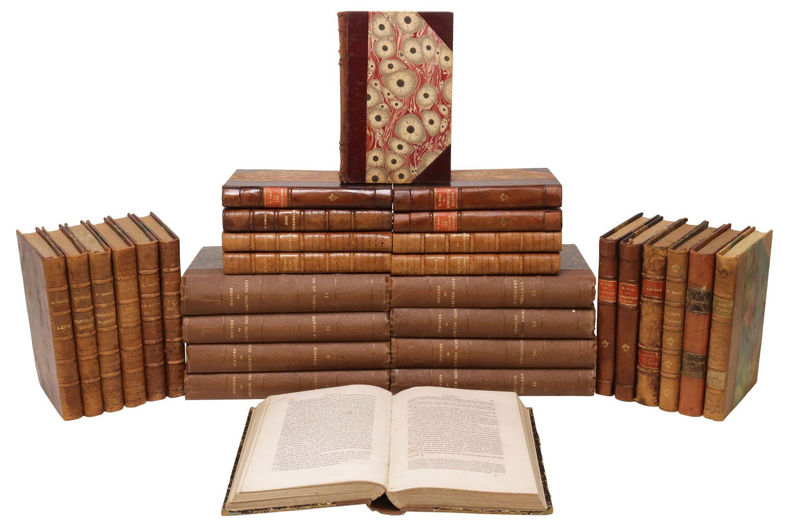 (30) FRENCH TAN LEATHER-BOUND LIBRARY SHELF BOOKS, LITERATURE (1 of 3)