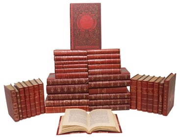 (38) FRENCH RED LEATHER-BOUND LIBRARY SHELF BOOKS, LITERATURE & DRAMA