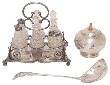 (3) SILVERPLATE SERVICEWARE, SHEFFIELD CRUET SET, SUGAR BOWL & LADLE