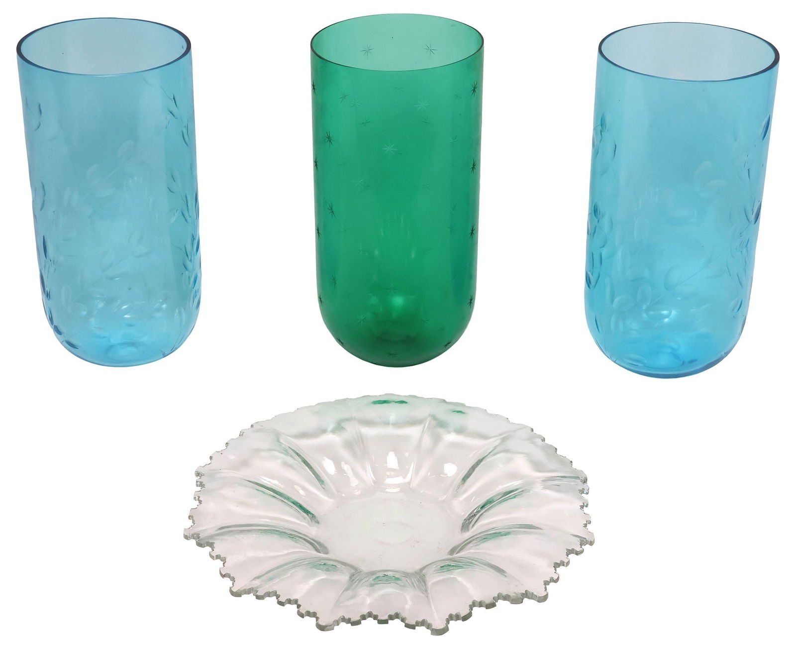 (4) GLASS TABLE ITEMS, ETCHED HURRICANE CANDLE SHADES & DISH (1 of 4)