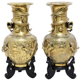 (2) JAPANESE GILT-BRONZE 'FU-SUI' RELIEF VASES ON STANDS