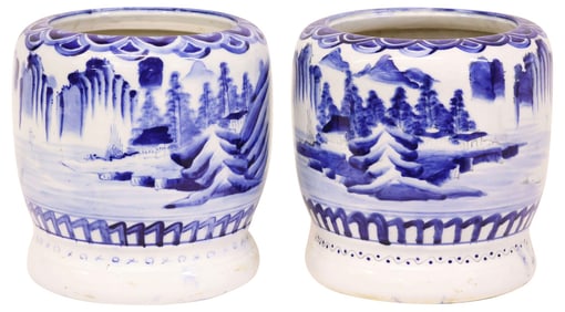 (2) JAPANESE BLUE & WHITE PORCELAIN PLANTERS / HIBACHI BRAZIERS