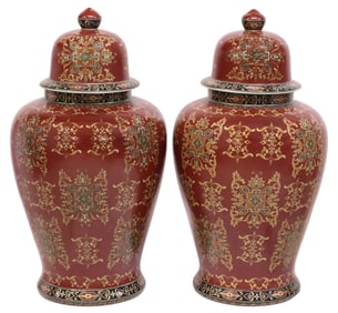 (2) LARGE DECORATIVE CHINESE PORCELAIN TEMPLE JARS & COVERS, 31.5"H
