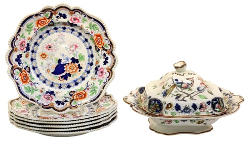 (7) ENGLISH CHINOISERIE PLATES & TUREEN, HICKS MEIGH & JOHNSON AND S. HANCOCK