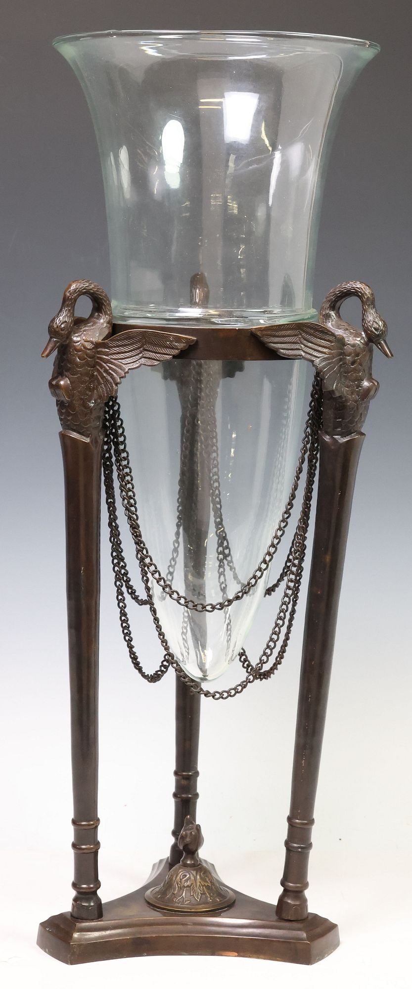 EMPIRE STYLE PATINATED BRONZE & GLASS SWANS VASE / CENTERPIECE (1 of 4)