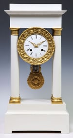 FRENCH EMPIRE STYLE ORMOLU & WHITE-PAINTED WOOD PORTICO CLOCK