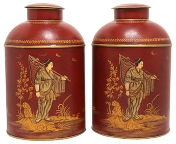 (2) LARGE ENGLISH CHINOISERIE TOLE PAINTED TEA CANISTERS