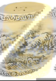 CHINESE BLUE AND YELLOW MOUNTAIN MOTIF PORCELAIN GARDEN SEAT