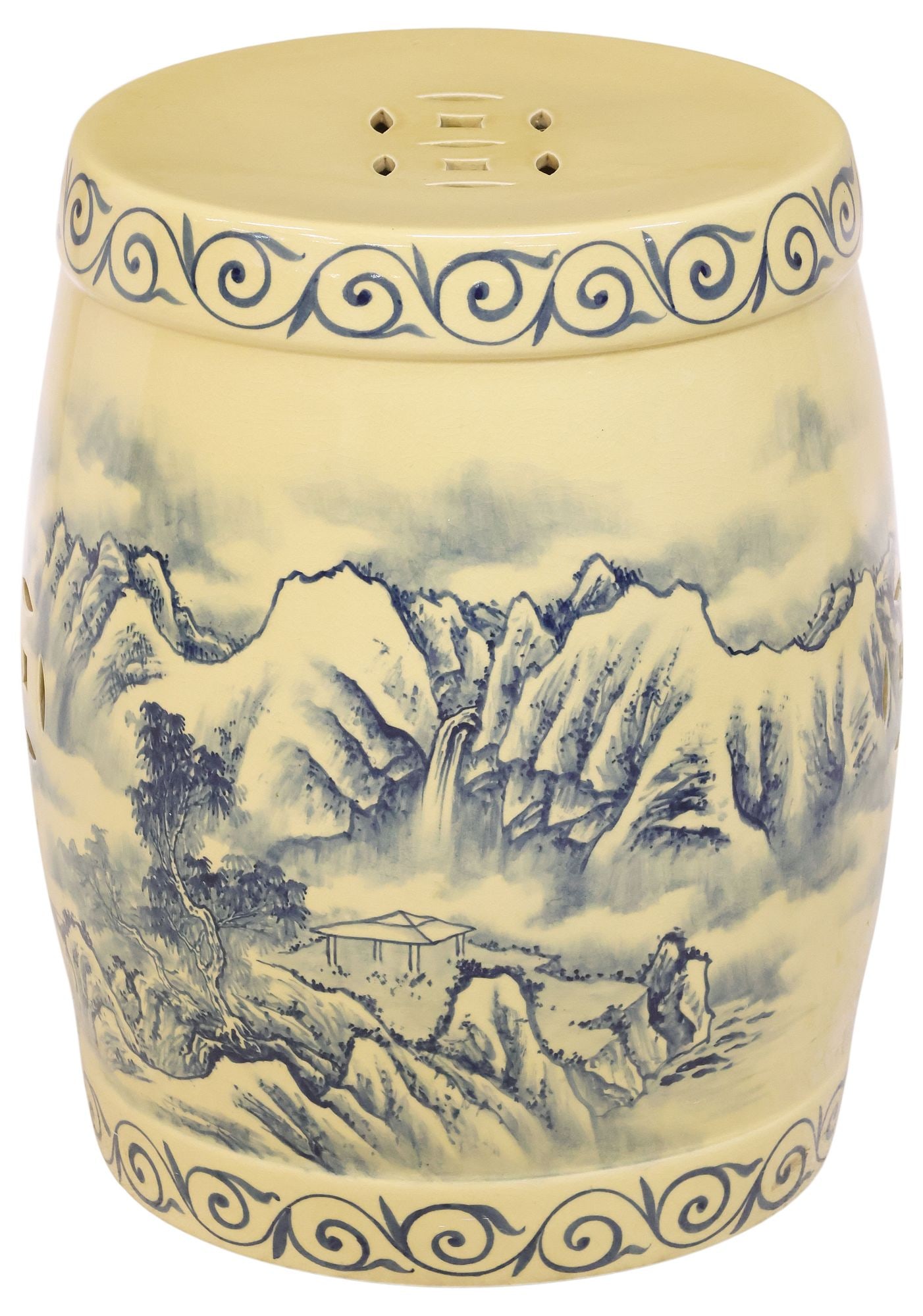 CHINESE BLUE AND YELLOW MOUNTAIN MOTIF PORCELAIN GARDEN SEAT (1 of 5)