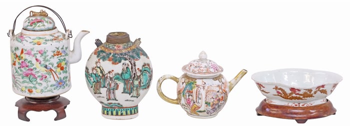 (4) CHINESE & CANTON PARCEL-GILT PORCELAIN TABLE ARTICLES & STANDS