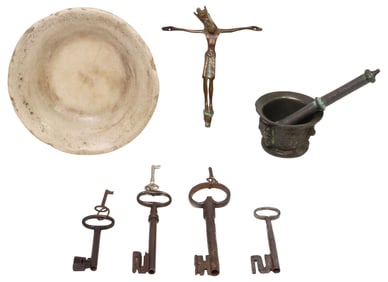 (9) ANTIQUE BRONZE MORTAR & PESTLE, MARBLE BOWL, MMA CRUCIFIX & KEYS