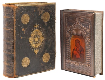 (2) ANTIQUE LEATHER-BOUND FAMILY BIBLE & BYZANTINE STYLE BOOK-FORM BOX