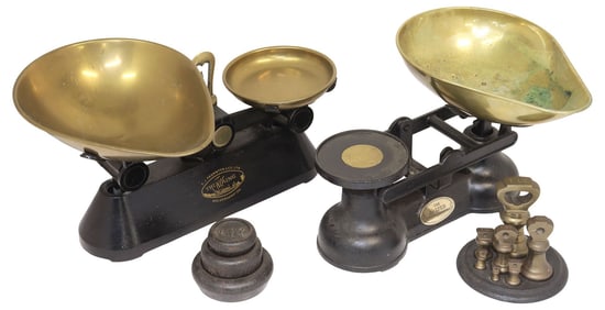(2) ENGLISH SALTER & F.J. THORTON CAST IRON KITCHEN SCALES WITH WEIGHTS