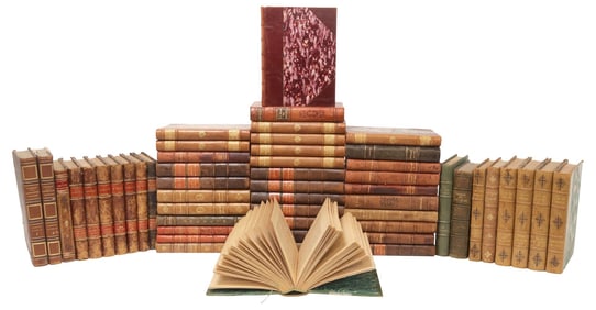 (53) FRENCH LEATHER-BOUND LIBRARY SHELF BOOKS, LITERATURE