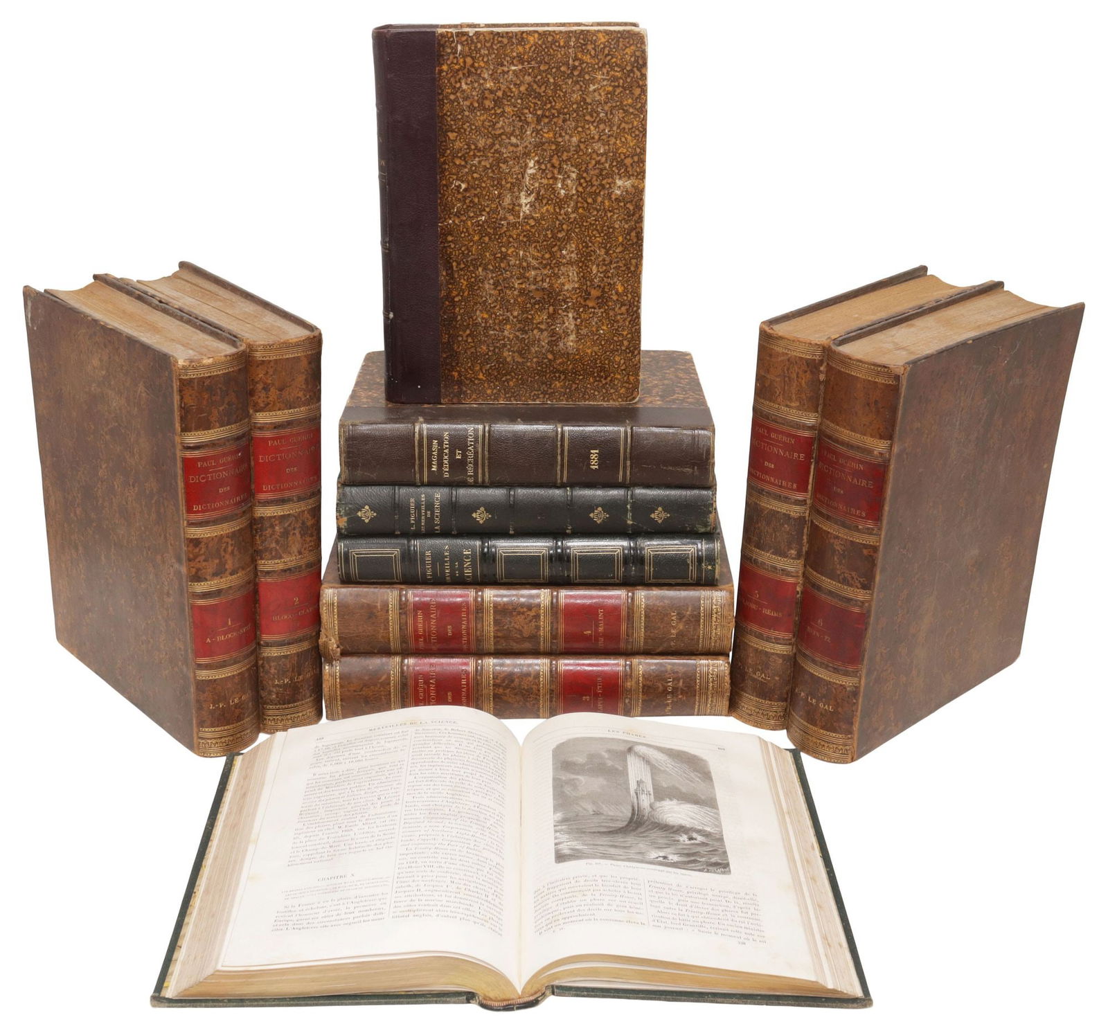 (11) FRENCH LEATHER-BOUND LIBRARY SHELF BOOKS, DICTIONARIES & REFERENCE (1 of 2)