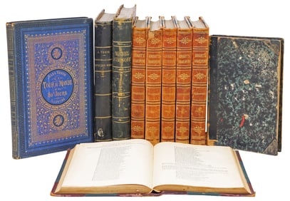 (10) ANTIQUE LEATHER-BOUND LIBRARY SHELF BOOKS, SHAKESPEARE & JULES VERNE