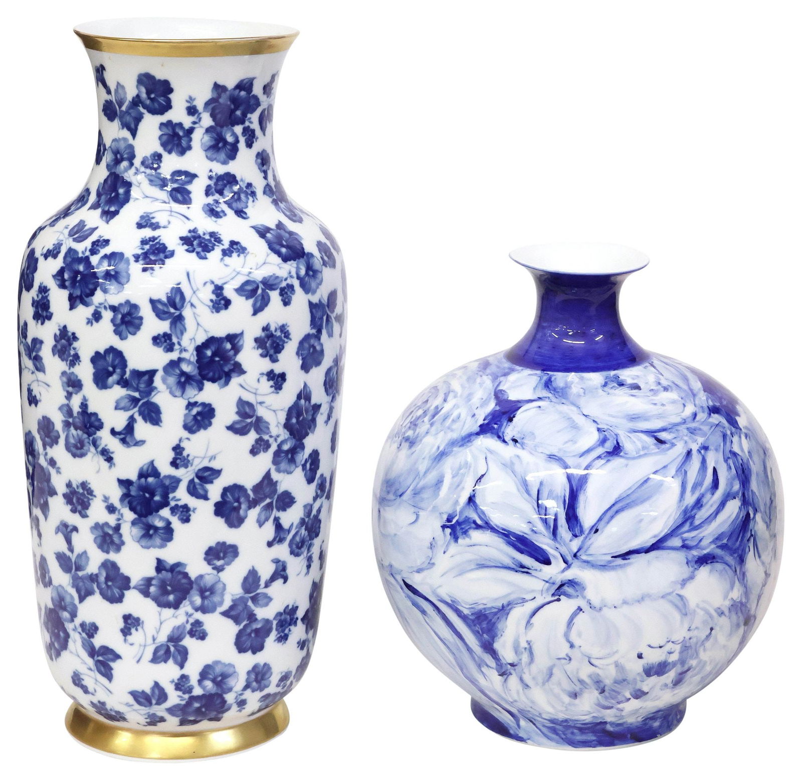 (2) BLUE & WHITE PORCELAIN VASES, GERMAN GEROLD PORZELLAN & OTHER: (lot of 2) Blue and white porcelain vases, 20th c., including: (1) German baluster vase, Gerold Porzellan, Tettau, Bavaria, with parcel-gilt trim and transfer floral motifs, maker's mark underfoot, ap