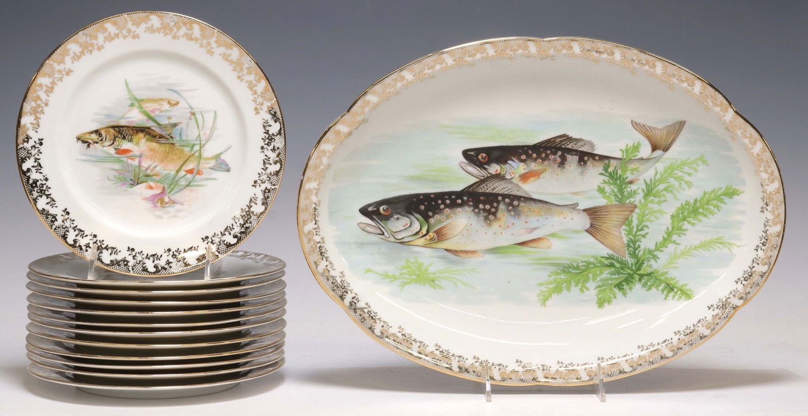 (13) FRENCH LIMOGES PARCEL GILT PORCELAIN FISH SERVICE (1 of 5)