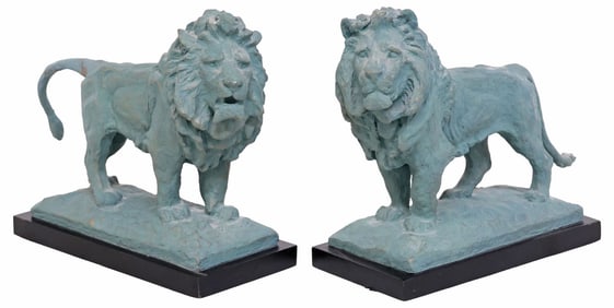 (2) AFTER EDWARD KEMEYS (D.1907) VERDIGRIS LION SCULPTURES