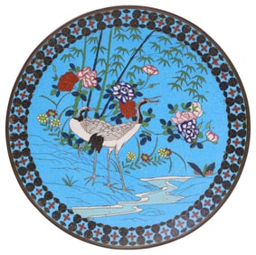 JAPANESE MEIJI PERIOD CLOISONNE ENAMEL CRANES CHARGER