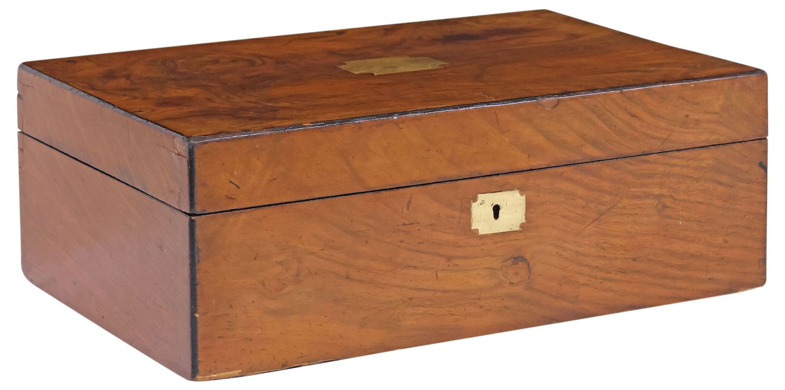 ENGLISH BRASS-INLAID BURLED WALNUT TABLE BOX: English figured walnut storage box, late 19th/ early 20th c., hinged lid with vacant brass cartouche, revealing open interior, approx 6"h, 16"w, 10.5"d, 4.5lbs **Provenance: The lifetime collection of