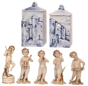 (7) CAPODIMONTE PORCELAIN MUSICAL CHERUB FIGURES & MIRCO OCCELLI BOXES