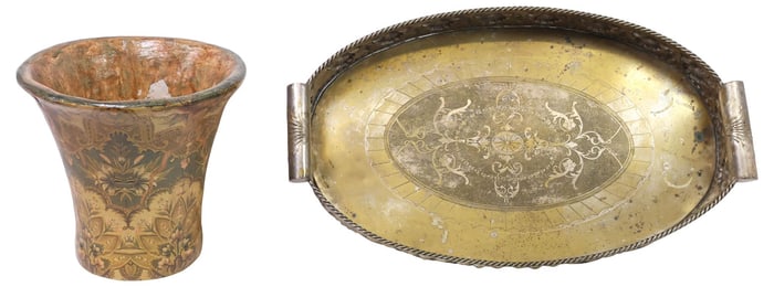 (2) CASTILIAN IMPORTS (ATTRIB.) REPOUSSE METAL TRAY & PAPIER-MACHE CACHEPOT