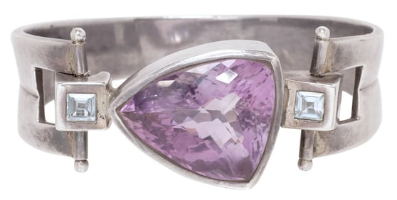 ESTATE MODERNIST SILVER & AMETHYST HINGED CUFF BRACELET