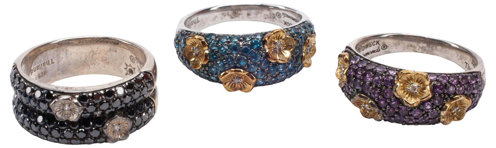 (3) ESTATE STEPHEN DWECK STERLING, GEMSTONE & DIAMOND RINGS: (lot of 3) Estate designer sterling silver rings, Stephen Dweck, each set with colored gemstones, interspersed with vermeil flowers, each blossom centering a melee diamond, marked Dweck Diamonds, 925,