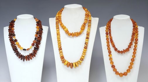(6) COLLECTION OF ESTATE BEADED AMBER NECKLACES