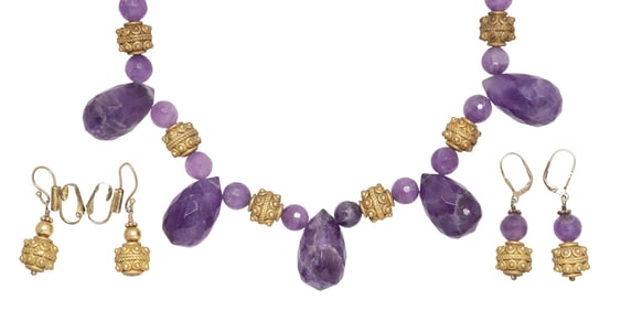 (3) ESTATE GOLD-TONE METAL & AMETHYST BEADED NECKLACE & EARRINGS