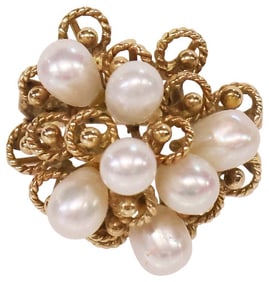 ESTATE 14KT YELLOW GOLD & DROP STYLE PEARL CLUSTER RING