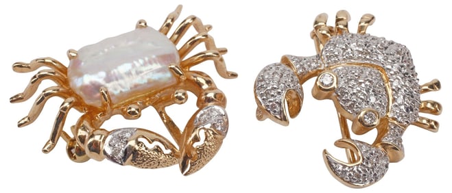 (2) ESTATE 14KT GOLD, BAROQUE PEARL & DIAMOND CRUSTACEAN BROOCHES
