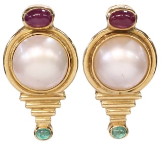 ESTATE 14KT YELLOW GOLD, MABE PEARL, RUBY & EMERALD EARRINGS