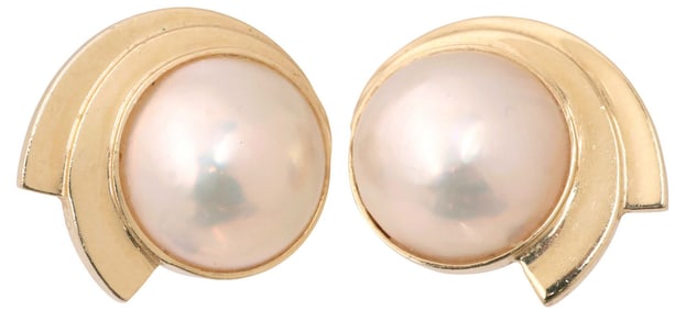 ESTATE 14KT YELLOW GOLD SWIRL & MABE PEARL EARRINGS