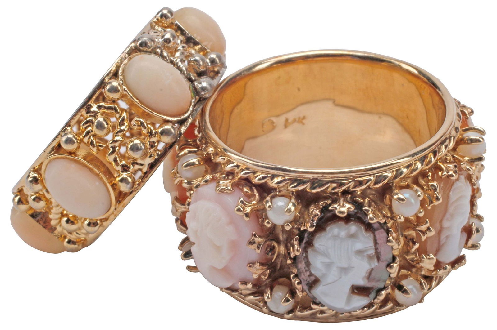 (2) ESTATE 14KT GOLD MULTI-CAMEO RING & GOLD PLATED COSTUME BAND (1 of 4)