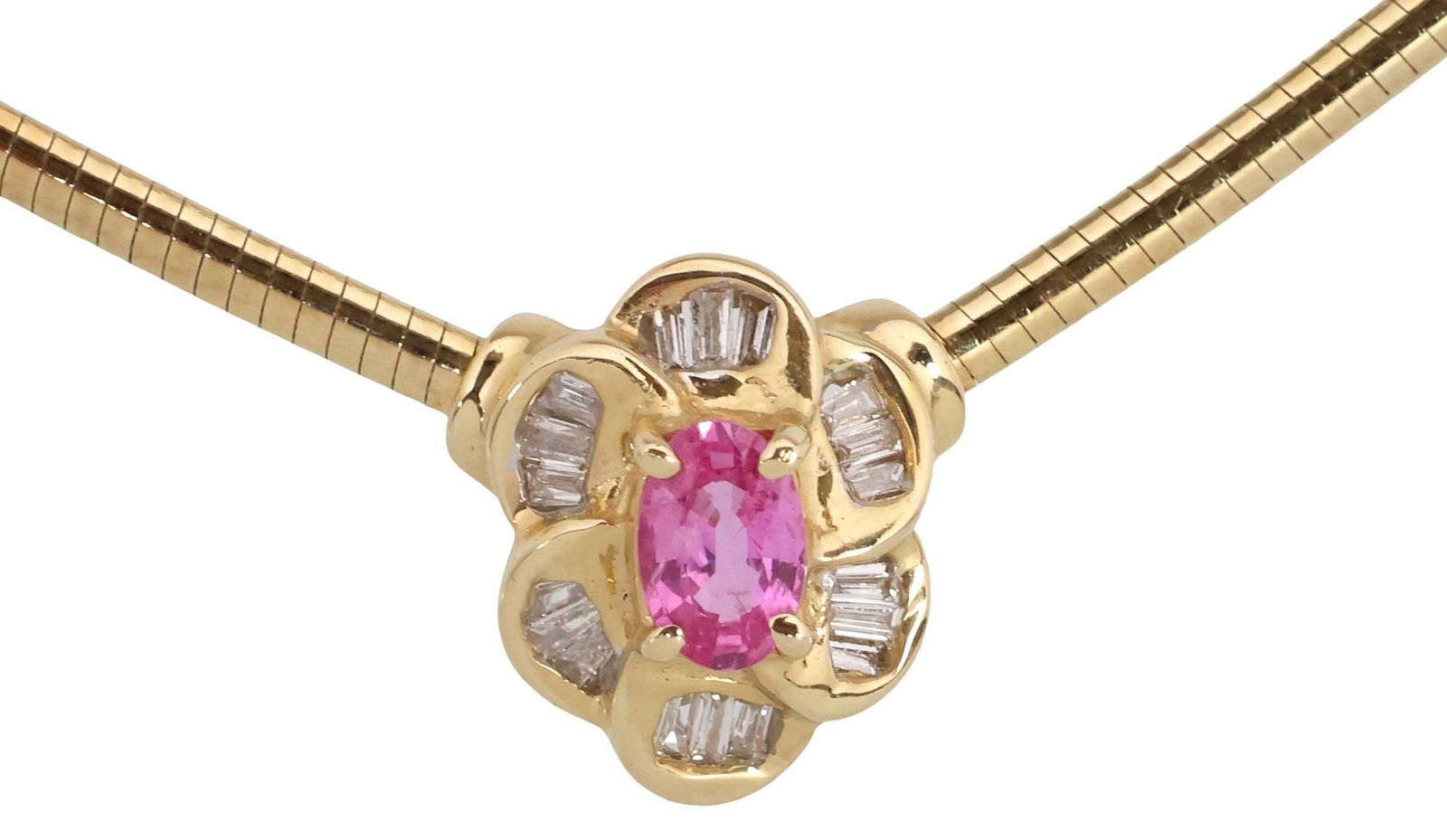 ESTATE ITALIAN 14KT GOLD OMEGA CHAIN & PINK SAPPHIRE PENDANT NECKLACE: Estate Italian 14kt yellow gold collar necklace, fixed floriform pendant, centering an oval faceted pink sapphire, 0.52cts, petals set with baguette diamonds, approx 0.40cttw, average color: H-I, aver