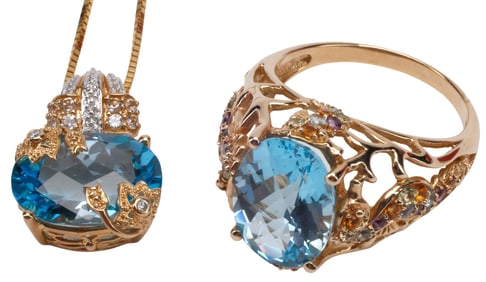(2) ESTATE 14KT YELLOW GOLD, BLUE TOPAZ, DIAMOND & GEMSTONE RING & PENDANT NECKLACE