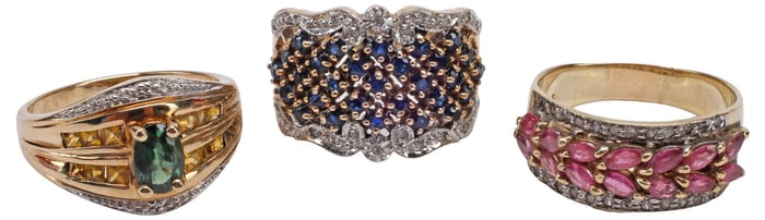 (3) ESTATE 10KT YELLOW GOLD, DIAMOND & GEMSTONE RINGS