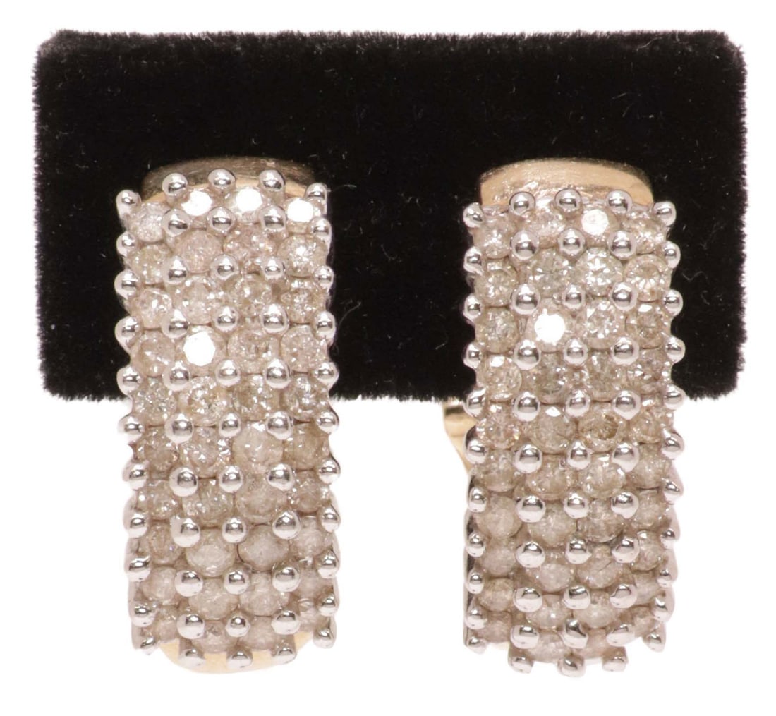 ESTATE 10KT YELLOW GOLD & 2.00 CTTW DIAMOND EARRINGS: (pair) Estate 10kt yellow and white gold earrings, curved form with (forty) round-cut diamonds, approx 2.00cttw, average color: I-J, average clarity: I, interspersed with white gold beads, hinged Omeg