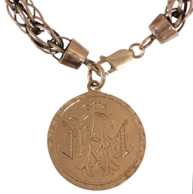 ESTATE LOW CARAT YELLOW GOLD MONOGRAMED CHARM  & WOVEN BRACELET