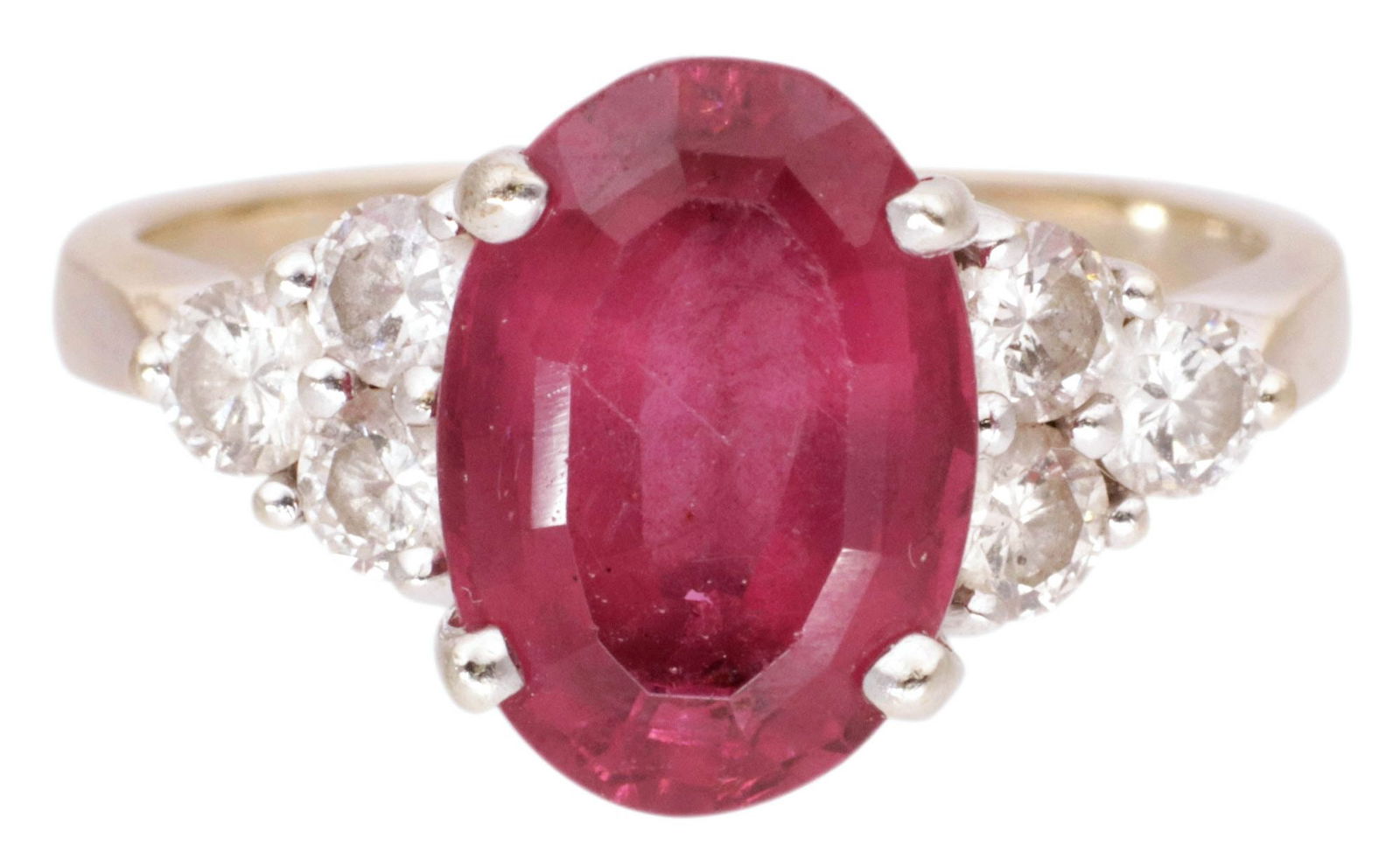 ESTATE 14KT WHITE GOLD, PINK TOURMALINE & DIAMOND RING: Estate 14kt white gold and gemstone ring, an oval-cut pink tourmaline, 2.76cts, centered by (six) round brilliant-cut diamonds, approx 0.69cttw, average color: H-I, average clarity: S-I, size 5, marke