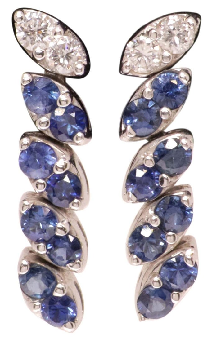 ESTATE LEVIAN 18KT WHITE GOLD, SAPPHIRE & DIAMOND DANGLE EARRINGS: (pair) Estate 18kt gold and gemstone line earrings, Levian, composed of five navette form links, each with (two) diamonds approx 0.18cttw, average color: H-J, average clarity: VS-I, surmounting lower