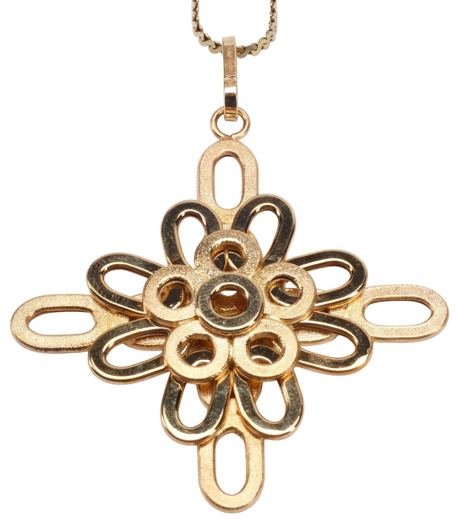 ESTATE ITALIAN 14KT GOLD STYLIZED CROSS PENDANT ON FLAT CHAIN: Estate Italian 14kt yellow gold pendant, a stylized cross formed with textured and polished oval and circular loops, slim bail marked Italy, 14K, 8 in a circle, on a 14kt flat chain, marked Italy, 14K