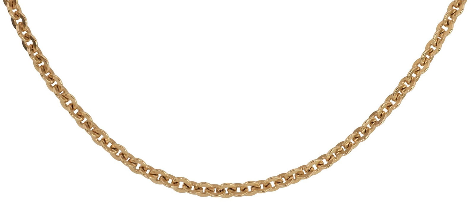 ESTATE 14KT YELLOW GOLD CABLE CHAIN NECKLACE, 18.2 GRAMS: Estate 14kt yellow gold cable chain, with stylized tube-form push clasp, finding marked Danker 14K, clasp Pat No. 33507353, approx 17"l, 18.2 grams **NOTE: ALL JEWELRY & COIN LOTS REALIZING OVER $1,00