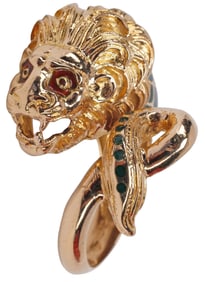ESTATE 18KT YELLOW GOLD ENAMELED LION HEAD BYPASS RING