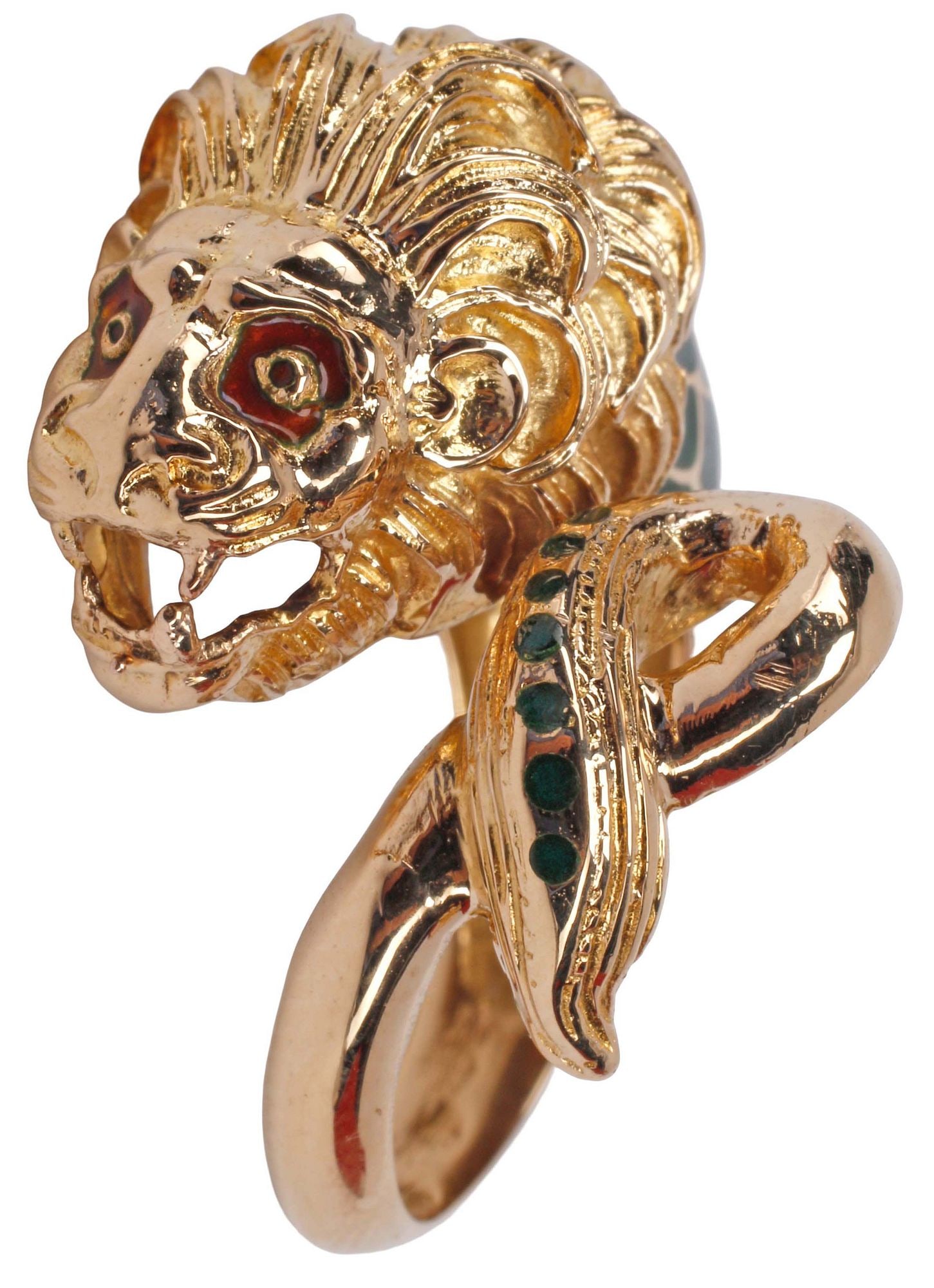 ESTATE 18KT YELLOW GOLD ENAMELED LION HEAD BYPASS RING (1 of 5)