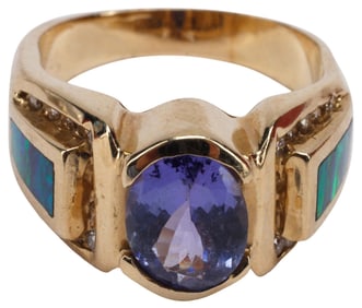 ESTATE 14KT YELLOW GOLD, TANZANITE, OPAL & DIAMOND RING