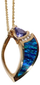 ESTATE 14KT YELLOW GOLD, TANZANITE, OPAL & DIAMOND PENDANT NECKLACE
